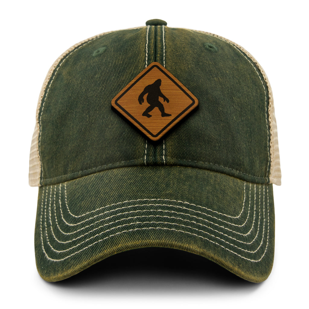 Bigfoot Crossing Sign Wood Grain Patch Dirty Water Trucker Hat - Chowdaheadz