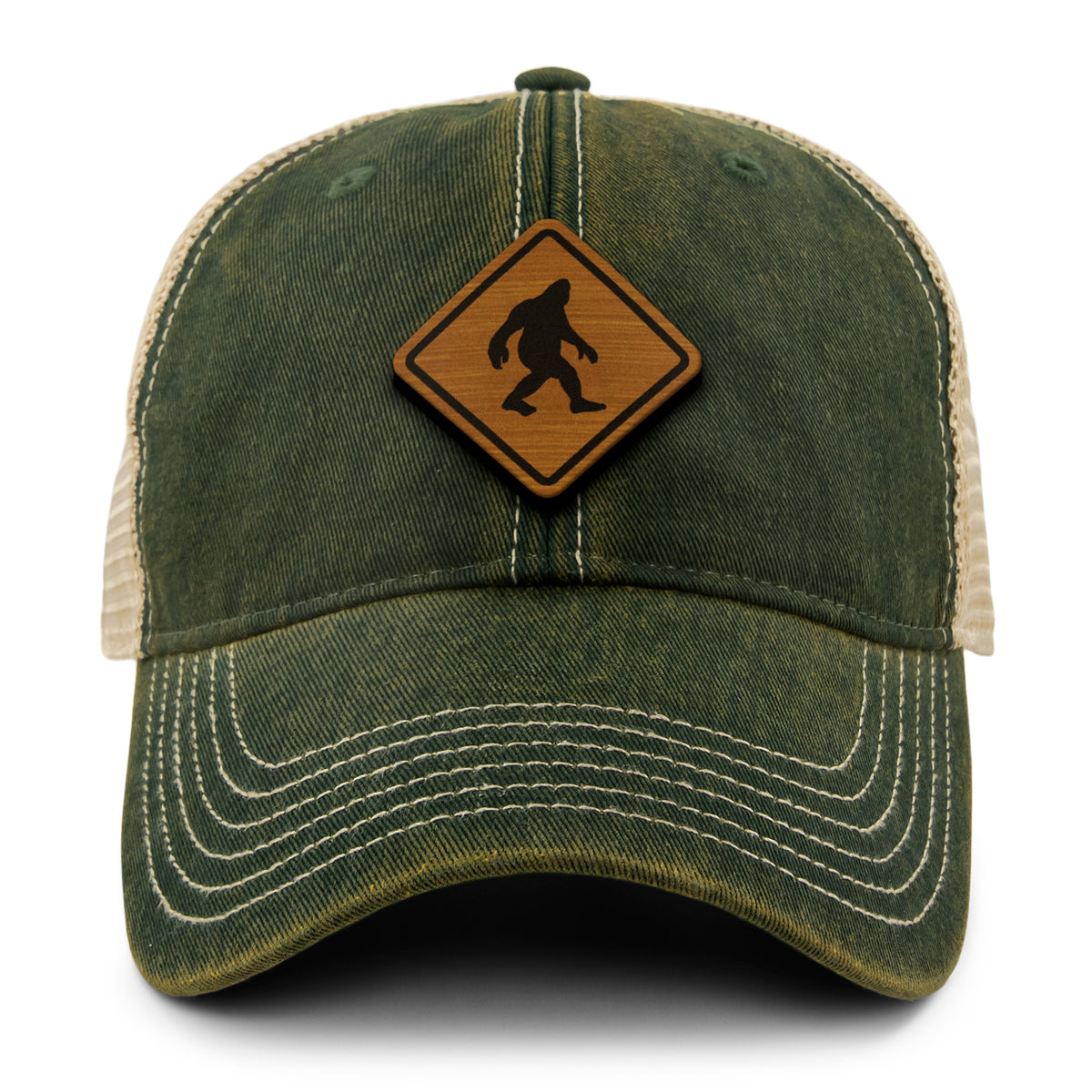 Bigfoot Crossing Sign Wood Grain Patch Dirty Water Trucker Hat - Chowdaheadz