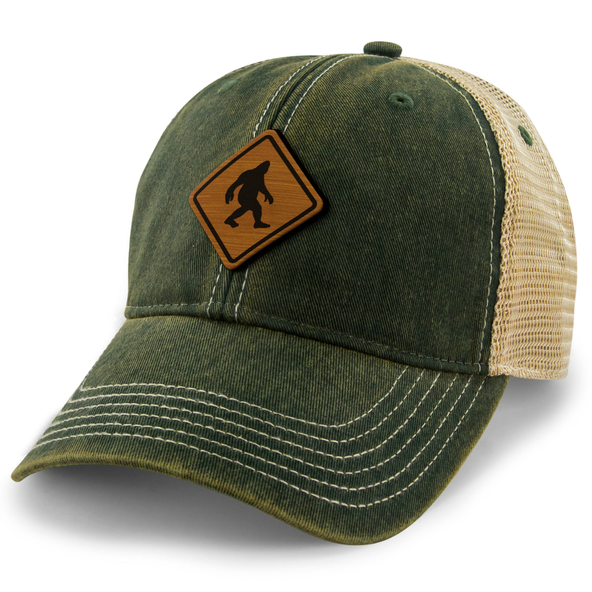 Bigfoot Crossing Sign Wood Grain Patch Dirty Water Trucker Hat - Chowdaheadz