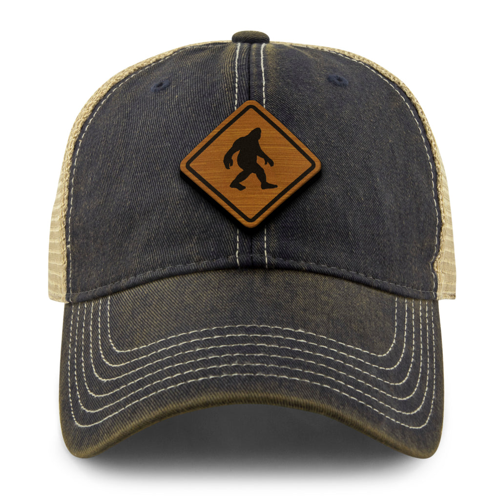 Bigfoot Crossing Sign Wood Grain Patch Dirty Water Trucker Hat - Chowdaheadz