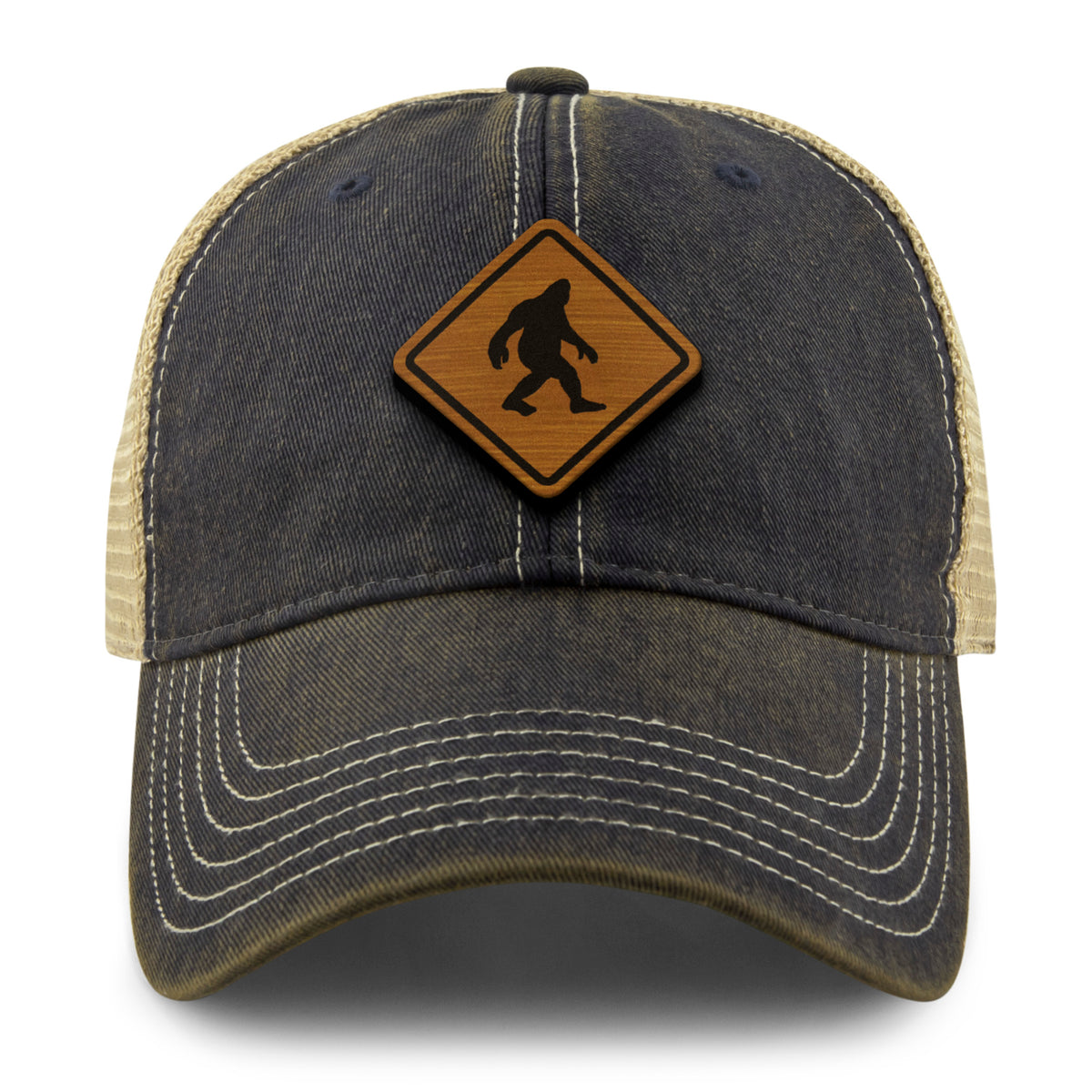 Bigfoot Crossing Sign Wood Grain Patch Dirty Water Trucker Hat - Chowdaheadz