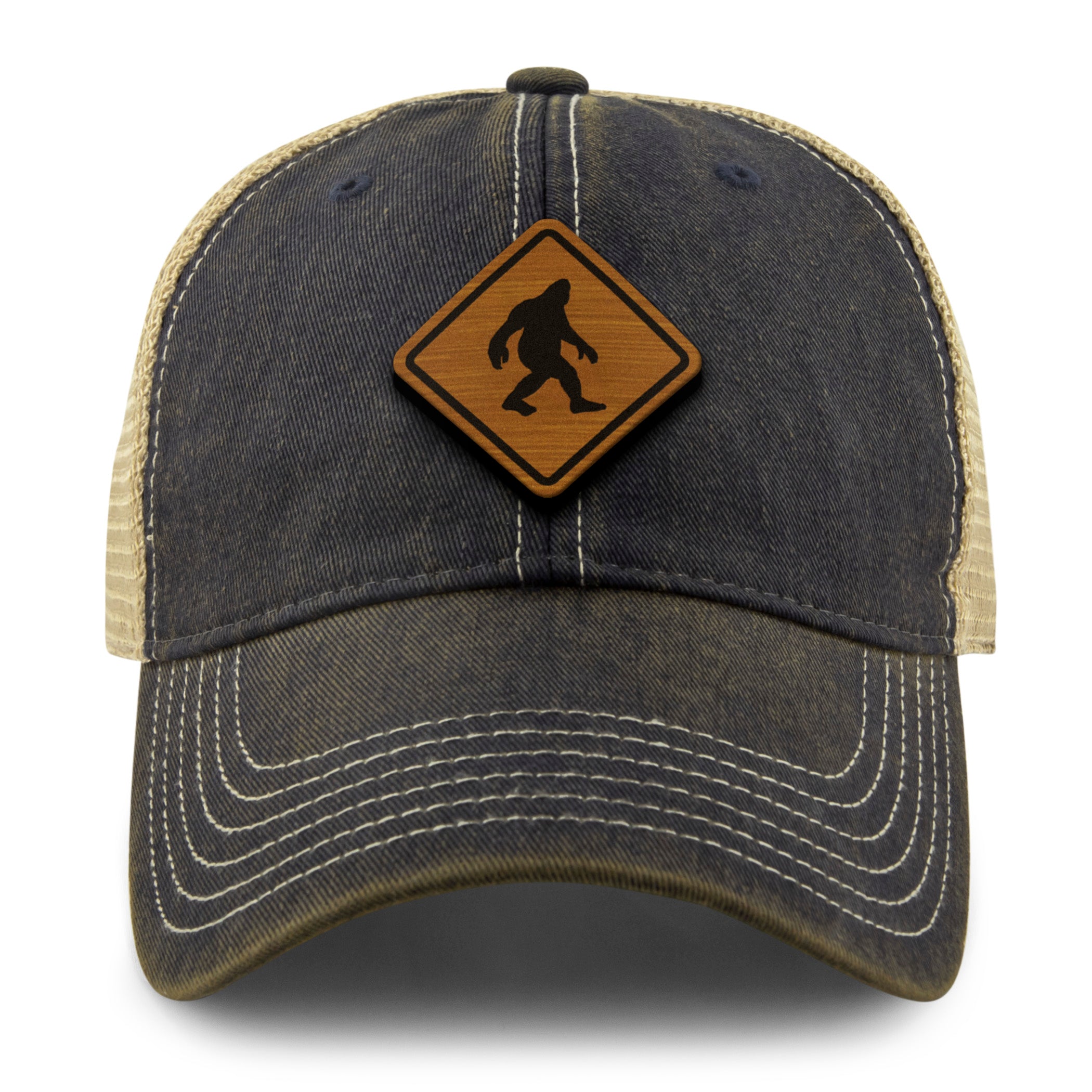 Bigfoot Crossing Sign Wood Grain Patch Dirty Water Trucker Hat