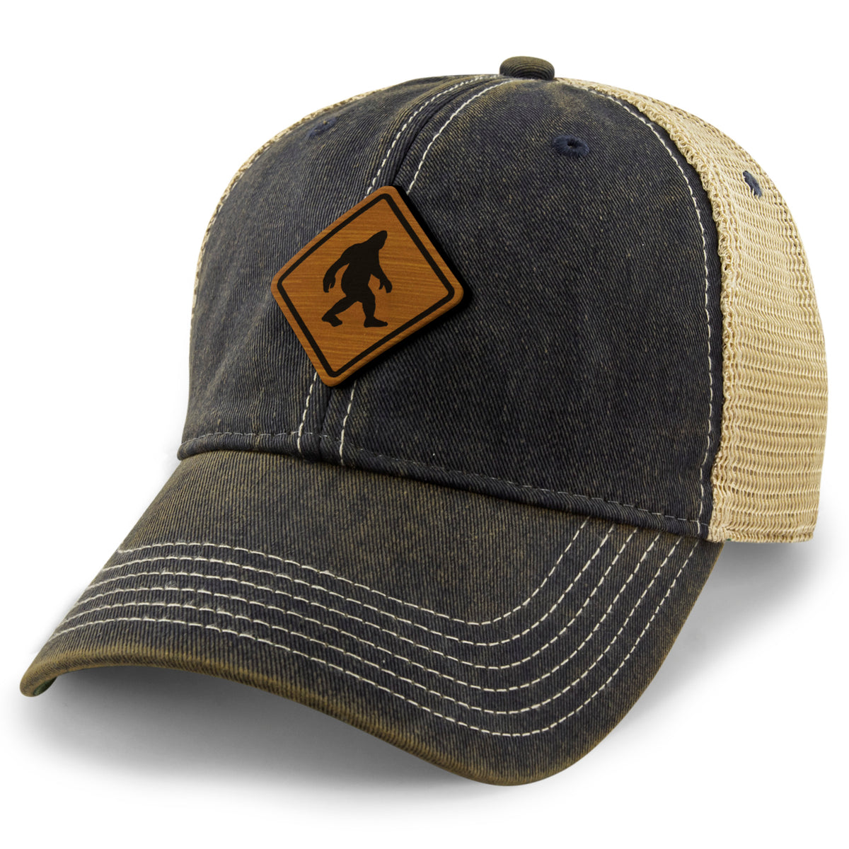Bigfoot Crossing Sign Wood Grain Patch Dirty Water Trucker Hat - Chowdaheadz