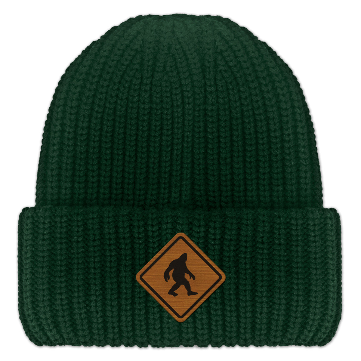 Bigfoot Crossing Sign Wood Grain Patch Chunky Knit Winter Hat - Chowdaheadz