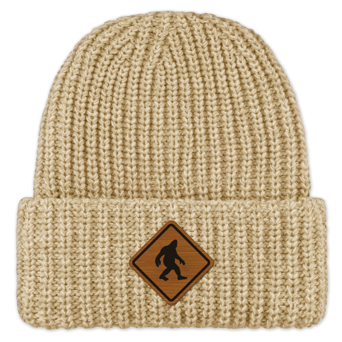 Bigfoot Crossing Sign Wood Grain Patch Chunky Knit Winter Hat - Chowdaheadz
