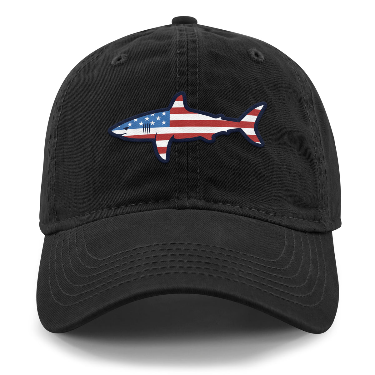 Front of black USA Shark dad hat with flag-shaped shark graphic