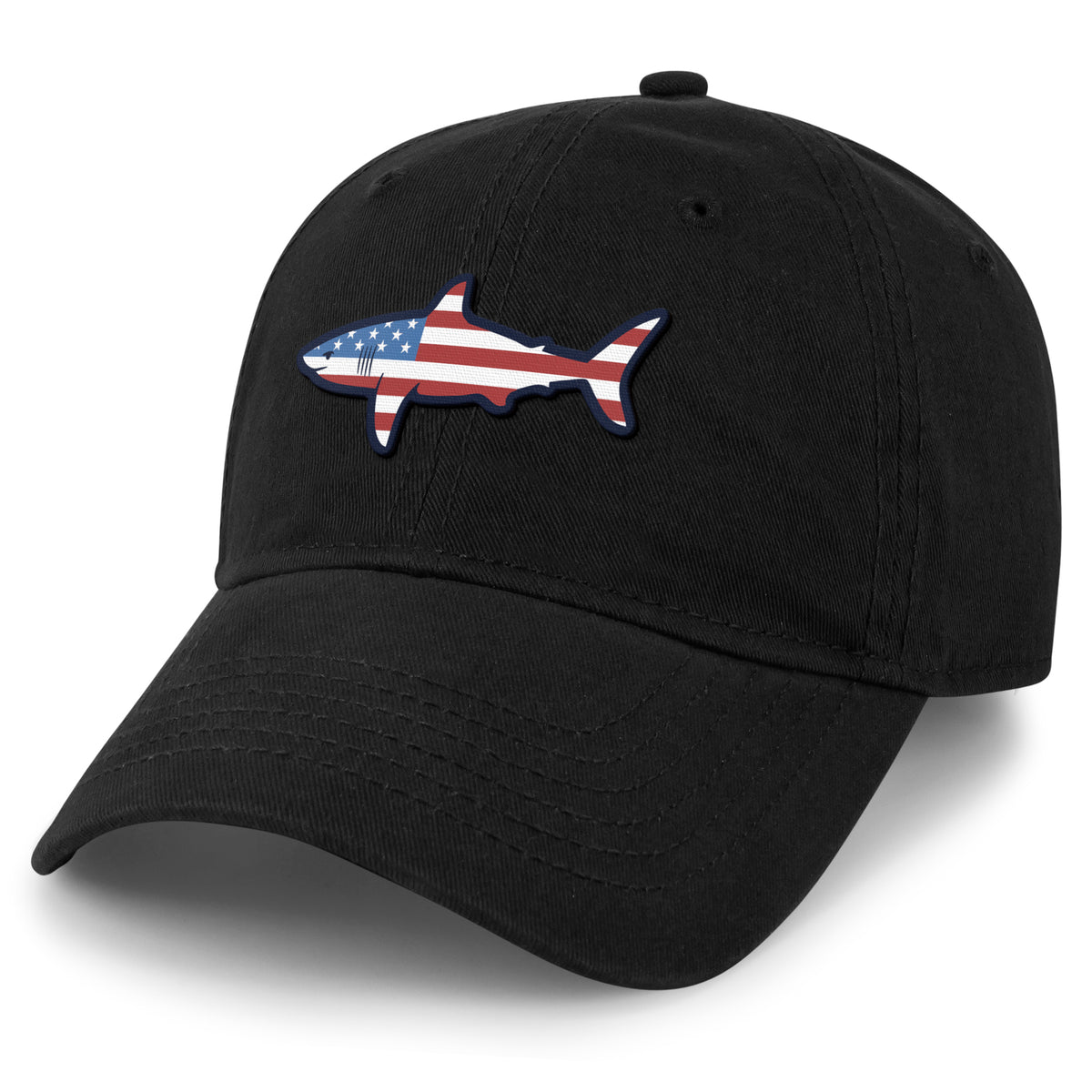 USA Shark dad hat in black — American flag shark graphic on 6-panel cap