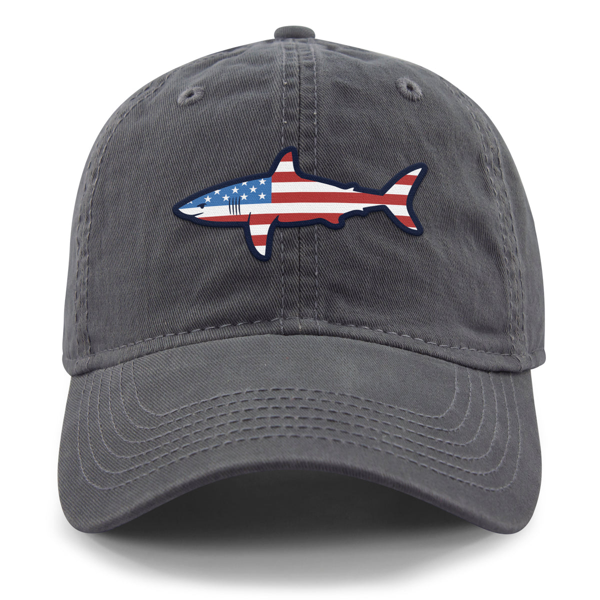 Front of charcoal USA Shark dad hat with flag-shaped shark graphic