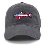 Front of charcoal USA Shark dad hat with flag-shaped shark graphic
