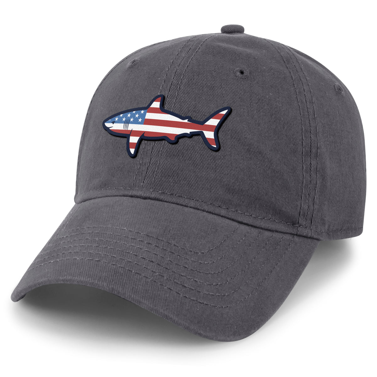 USA Shark dad hat in charcoal — American flag shark graphic on 6-panel cap