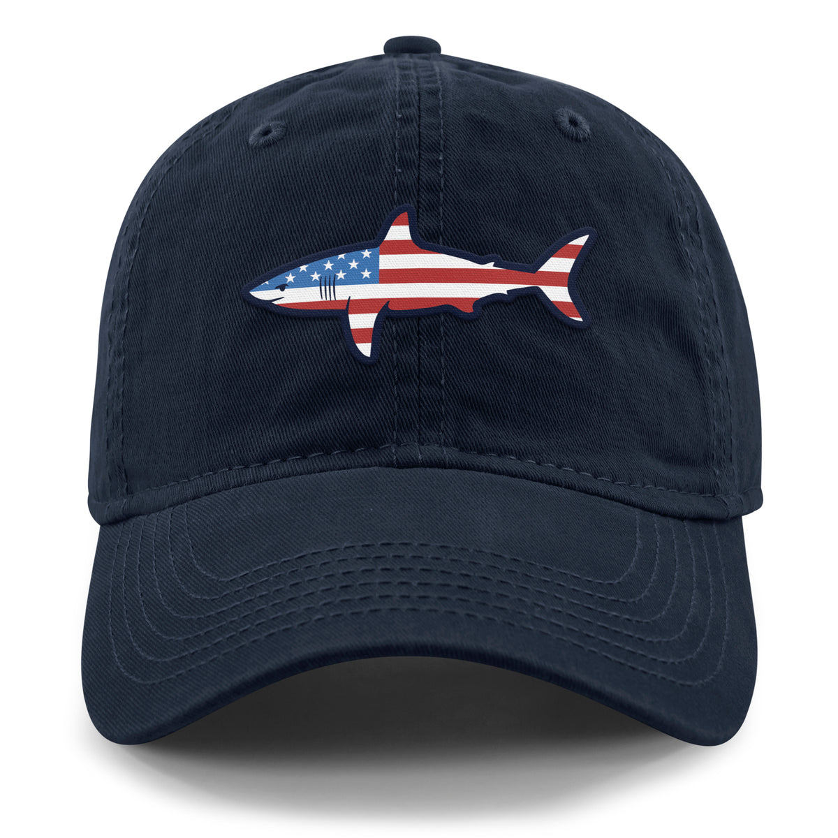 Front of navy USA Shark dad hat with flag-shaped shark graphic