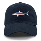 Front of navy USA Shark dad hat with flag-shaped shark graphic
