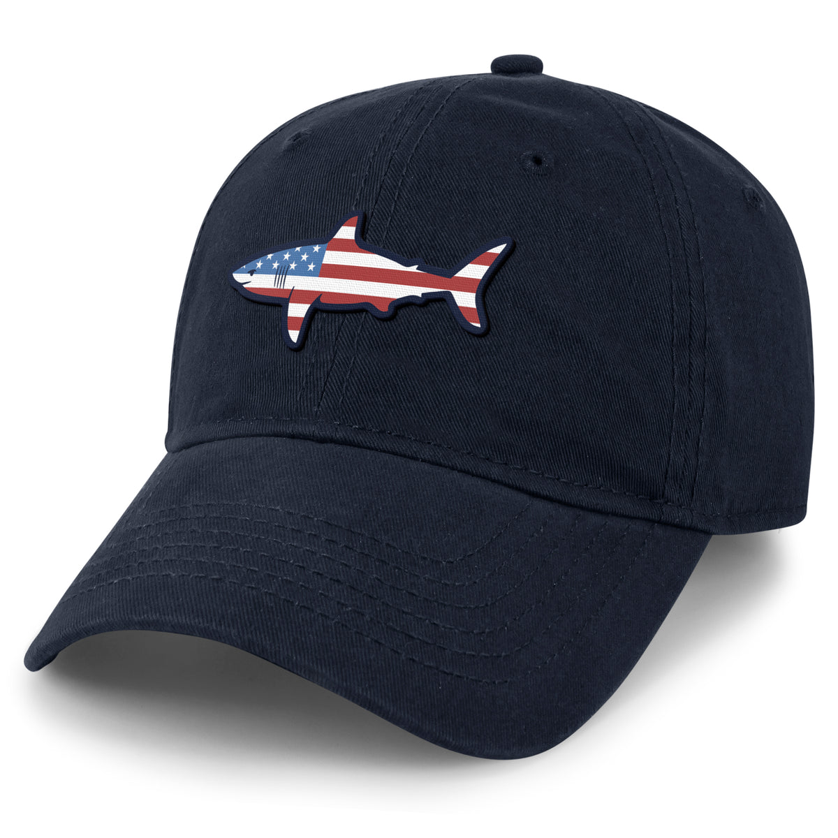 USA Shark dad hat in navy — American flag shark graphic on 6-panel cap