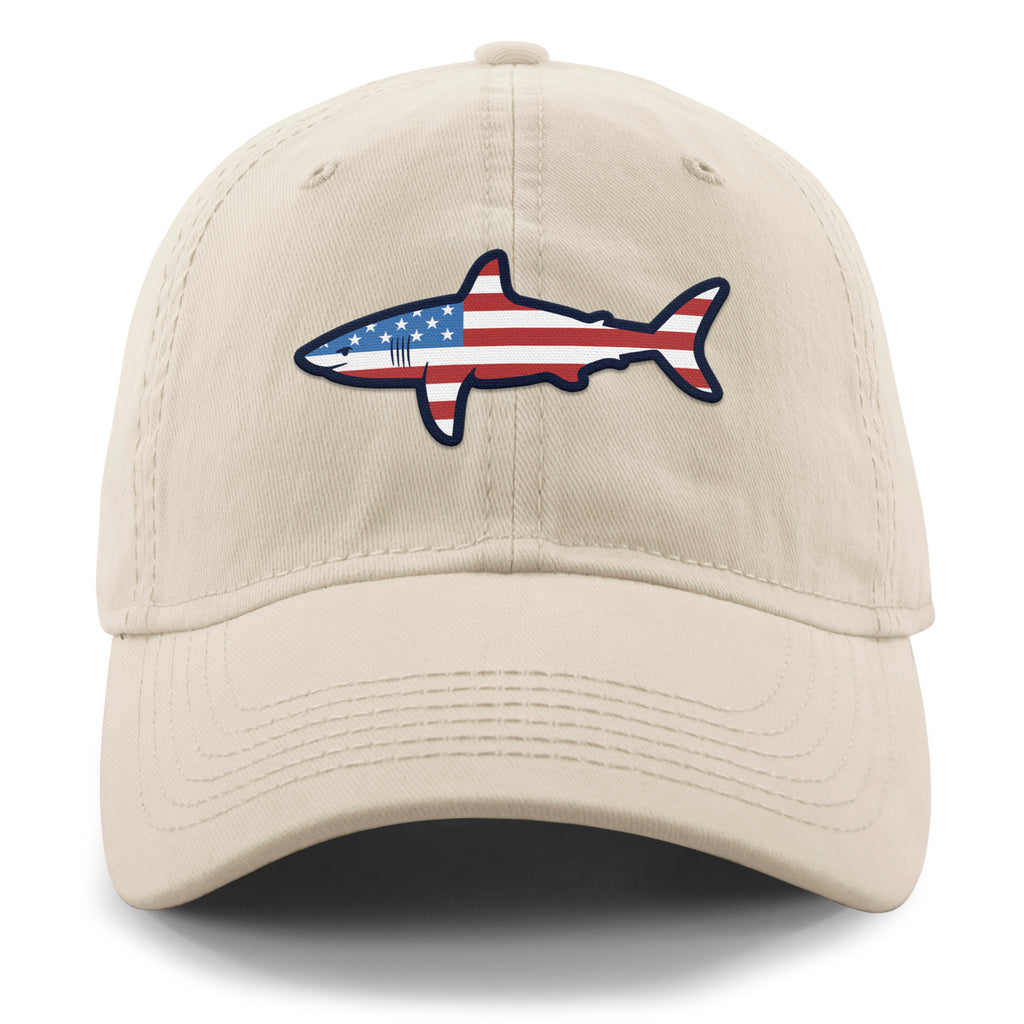 Front of stone USA Shark dad hat with flag-shaped shark graphic