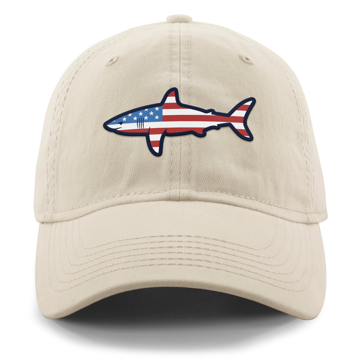 Front of stone USA Shark dad hat with flag-shaped shark graphic
