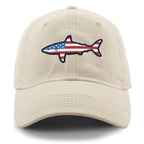 Front of stone USA Shark dad hat with flag-shaped shark graphic