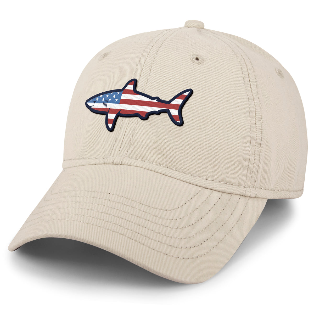 USA Shark dad hat in stone — American flag shark graphic on 6-panel cap