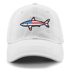 Front of white USA Shark dad hat with flag-shaped shark graphic