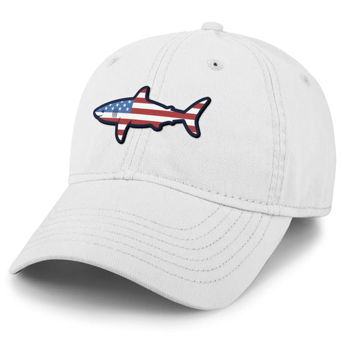 USA Shark dad hat in white — American flag shark graphic on 6-panel cap