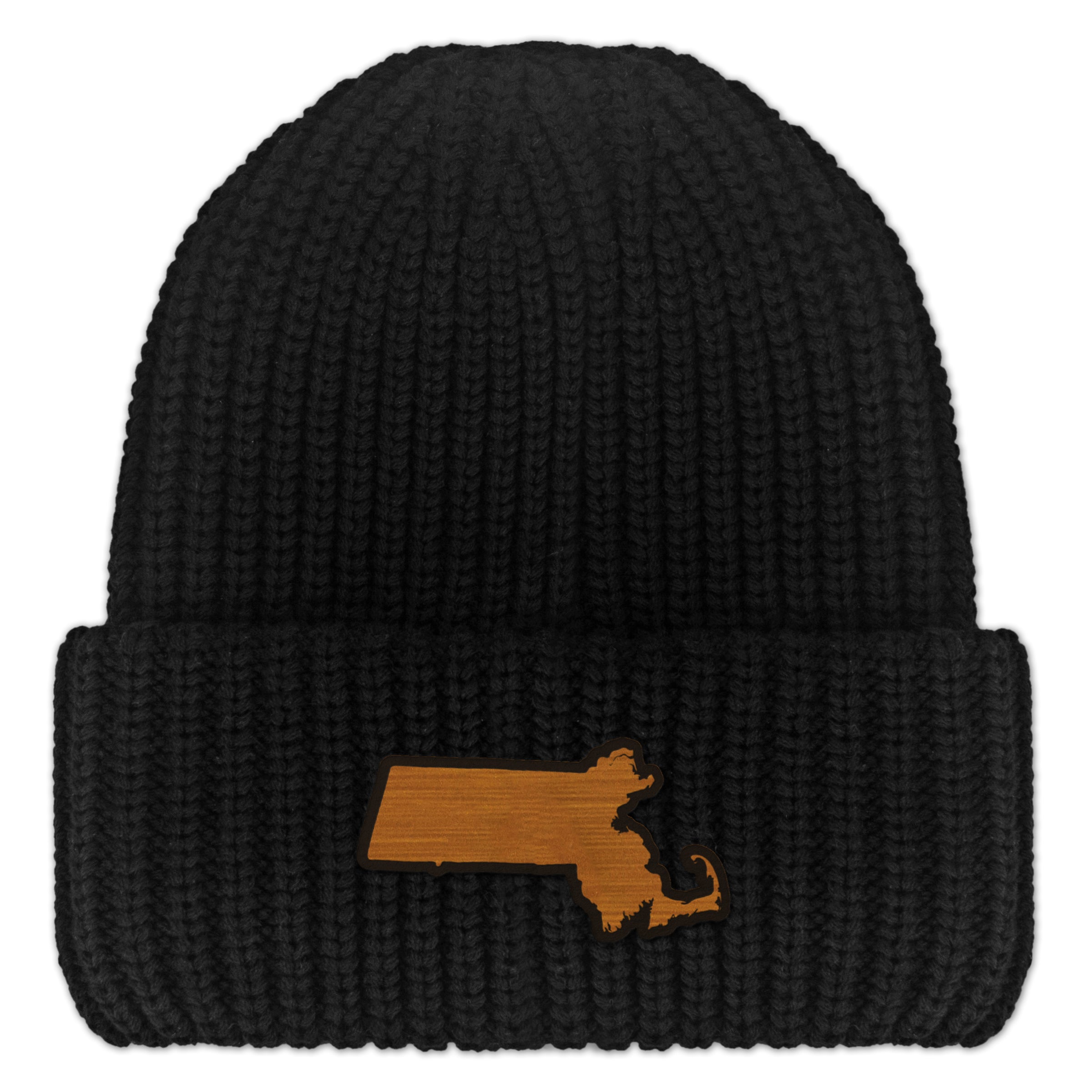 Massachusetts State Wood Grain Patch Chunky Knit Winter Hat