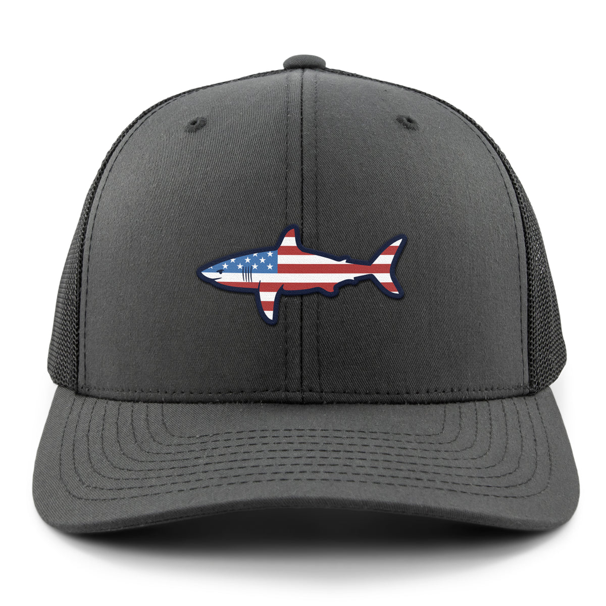 Front of charcoal USA Shark snapback trucker hat with flag-shaped shark graphic