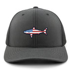Front of charcoal USA Shark snapback trucker hat with flag-shaped shark graphic