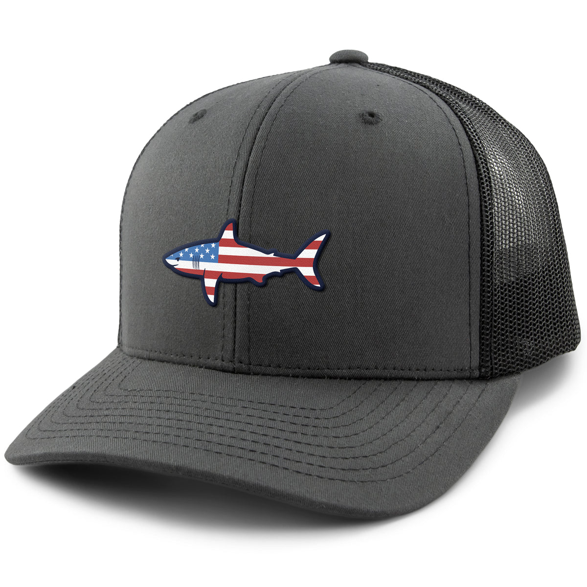 USA Shark classic snapback trucker hat in charcoal — American flag shark graphic