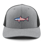 Front of gray USA Shark snapback trucker hat with flag-shaped shark graphic