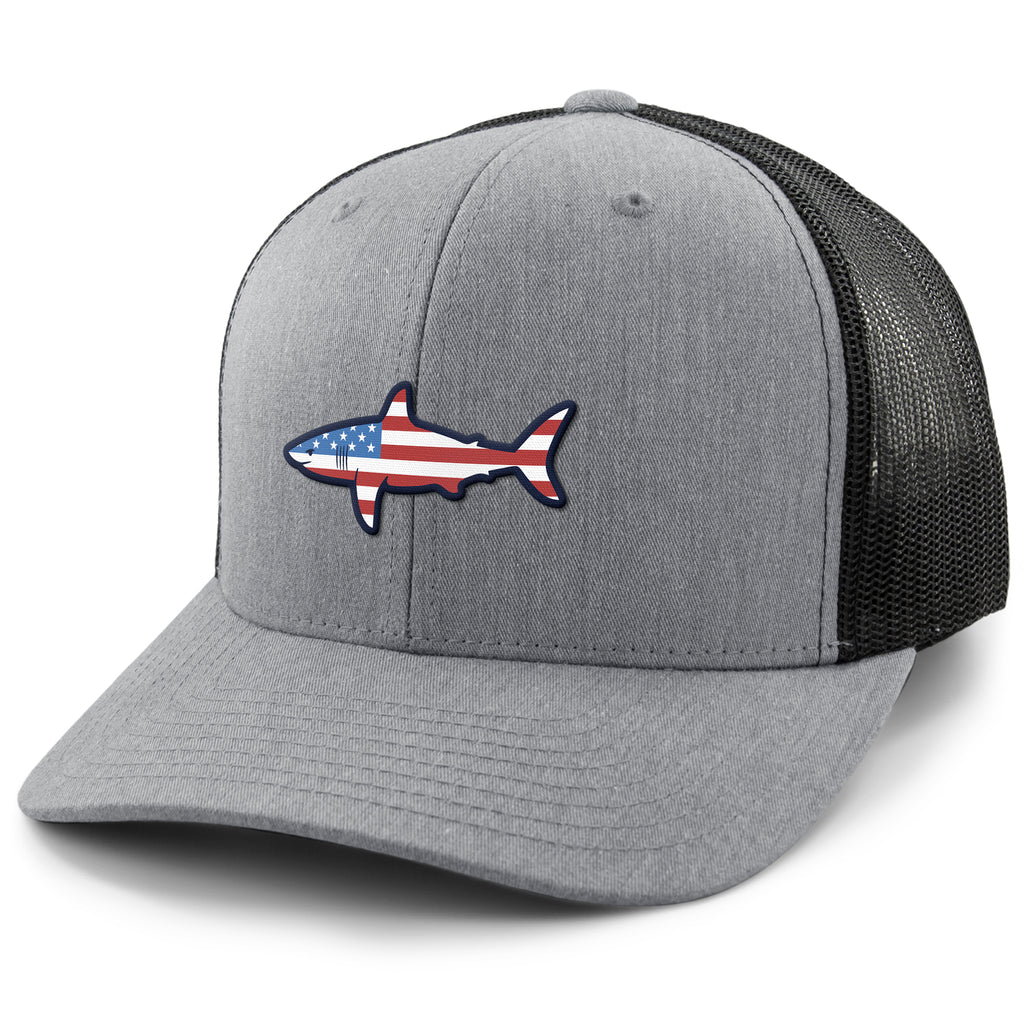 USA Shark classic snapback trucker hat in gray — American flag shark graphic