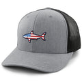 USA Shark classic snapback trucker hat in gray — American flag shark graphic