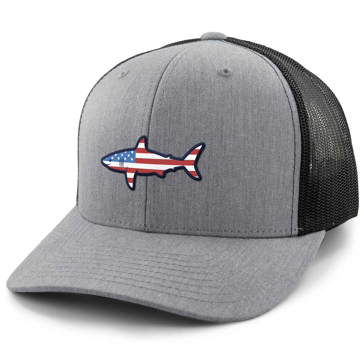 USA Shark classic snapback trucker hat in gray — American flag shark graphic