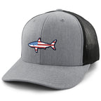 USA Shark classic snapback trucker hat in gray — American flag shark graphic