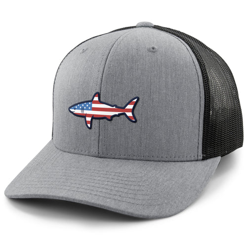 USA Shark classic snapback trucker hat in gray — American flag shark graphic