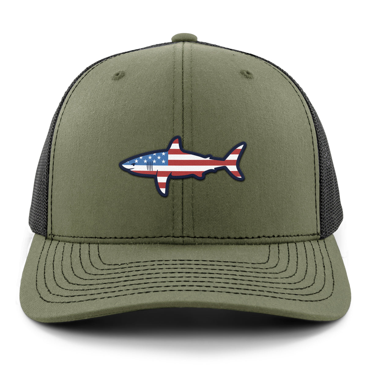 Front of military green USA Shark snapback trucker hat with flag-shaped shark graphic