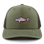 Front of military green USA Shark snapback trucker hat with flag-shaped shark graphic