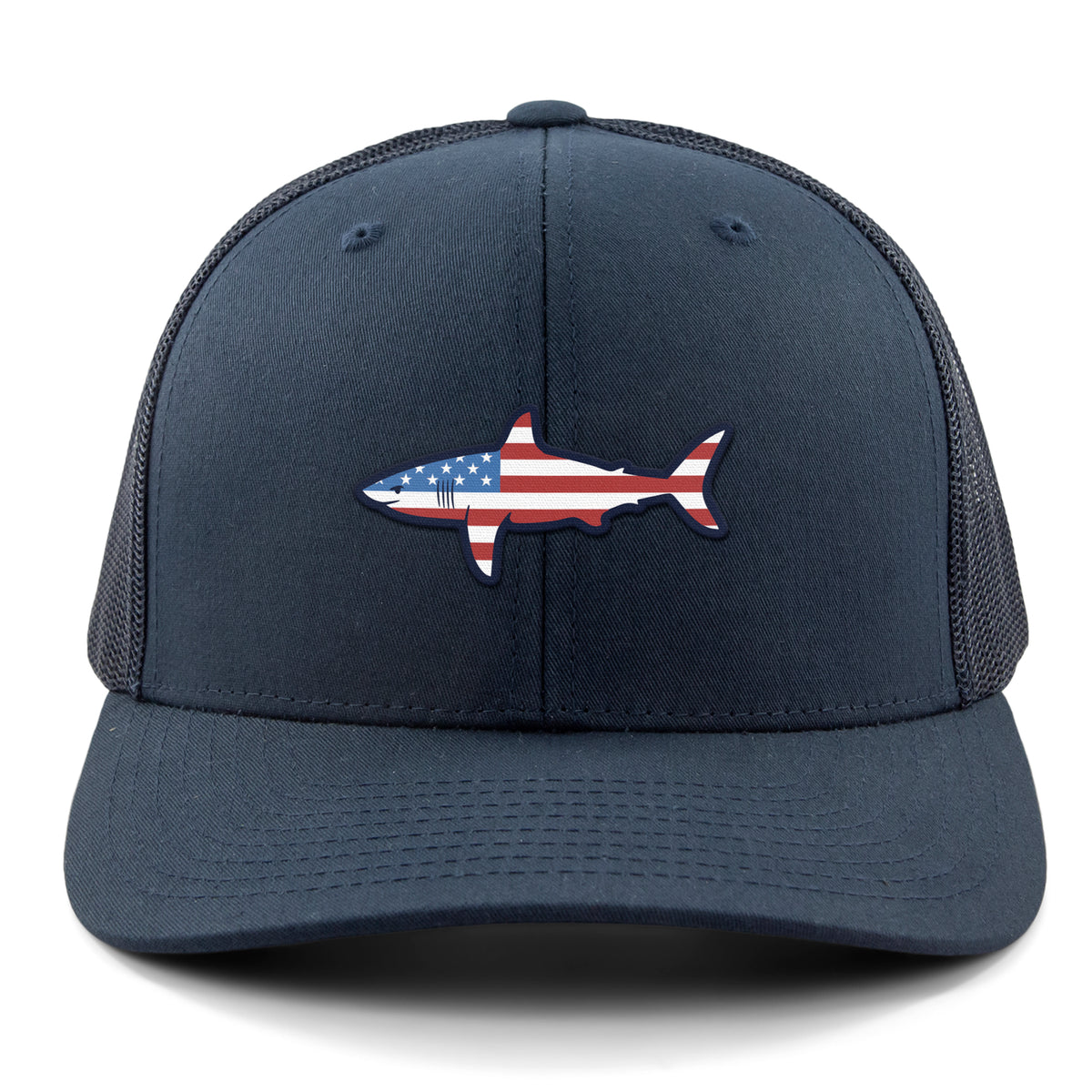 Front of navy USA Shark snapback trucker hat with flag-shaped shark graphic