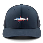 Front of navy USA Shark snapback trucker hat with flag-shaped shark graphic