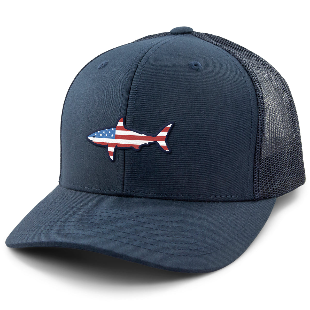 USA Shark classic snapback trucker hat in navy — American flag shark graphic