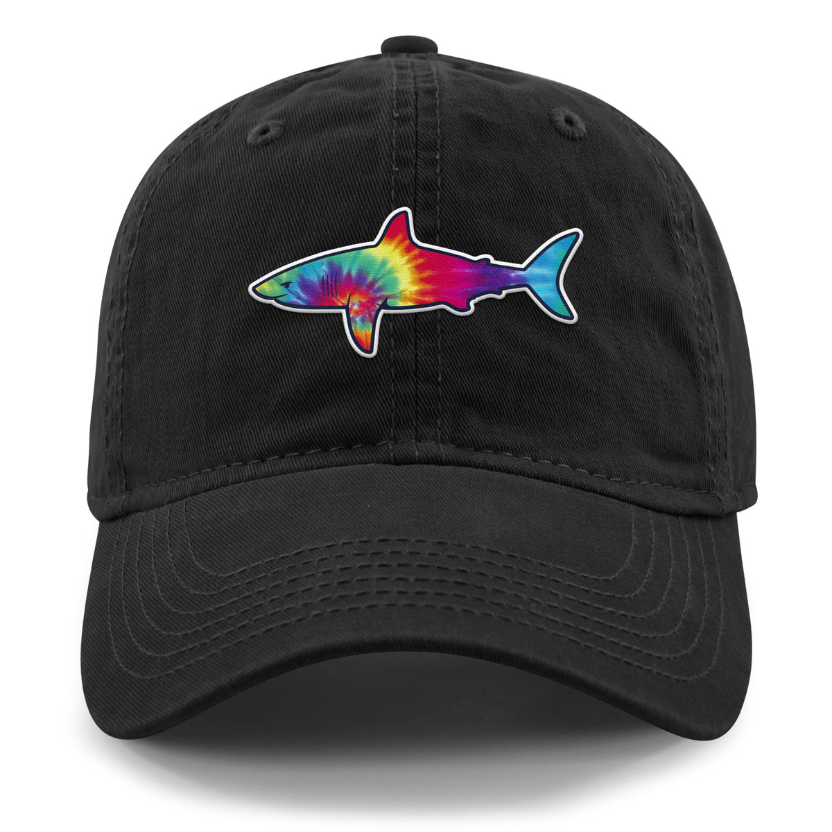 Front of black Tie Dye Shark dad hat with swirled shark face graphic
