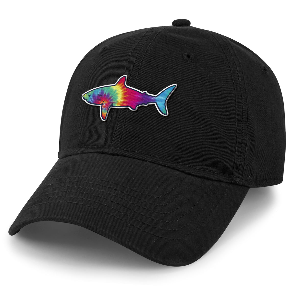 Tie Dye Shark dad hat in black — swirled shark face on soft 6-panel cap