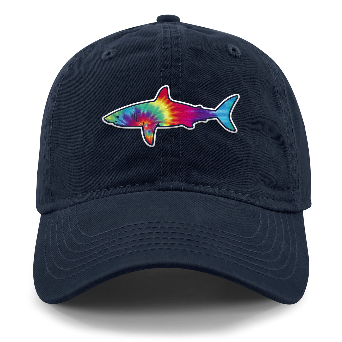 Front of navy Tie Dye Shark dad hat with swirled shark face graphic