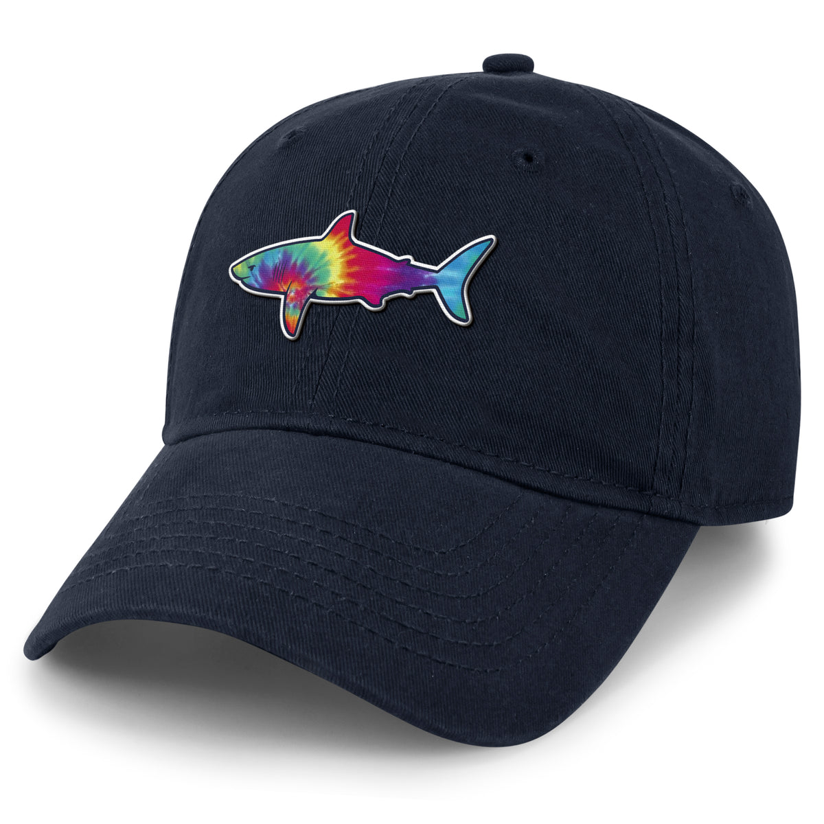 Tie Dye Shark dad hat in navy — swirled shark face on soft 6-panel cap