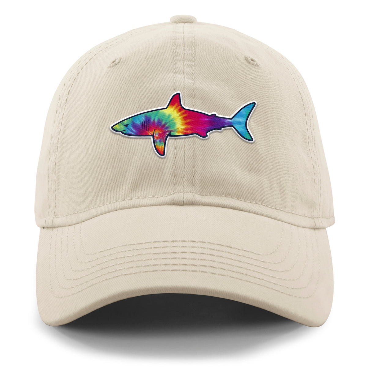 Front of stone Tie Dye Shark dad hat with swirled shark face graphic