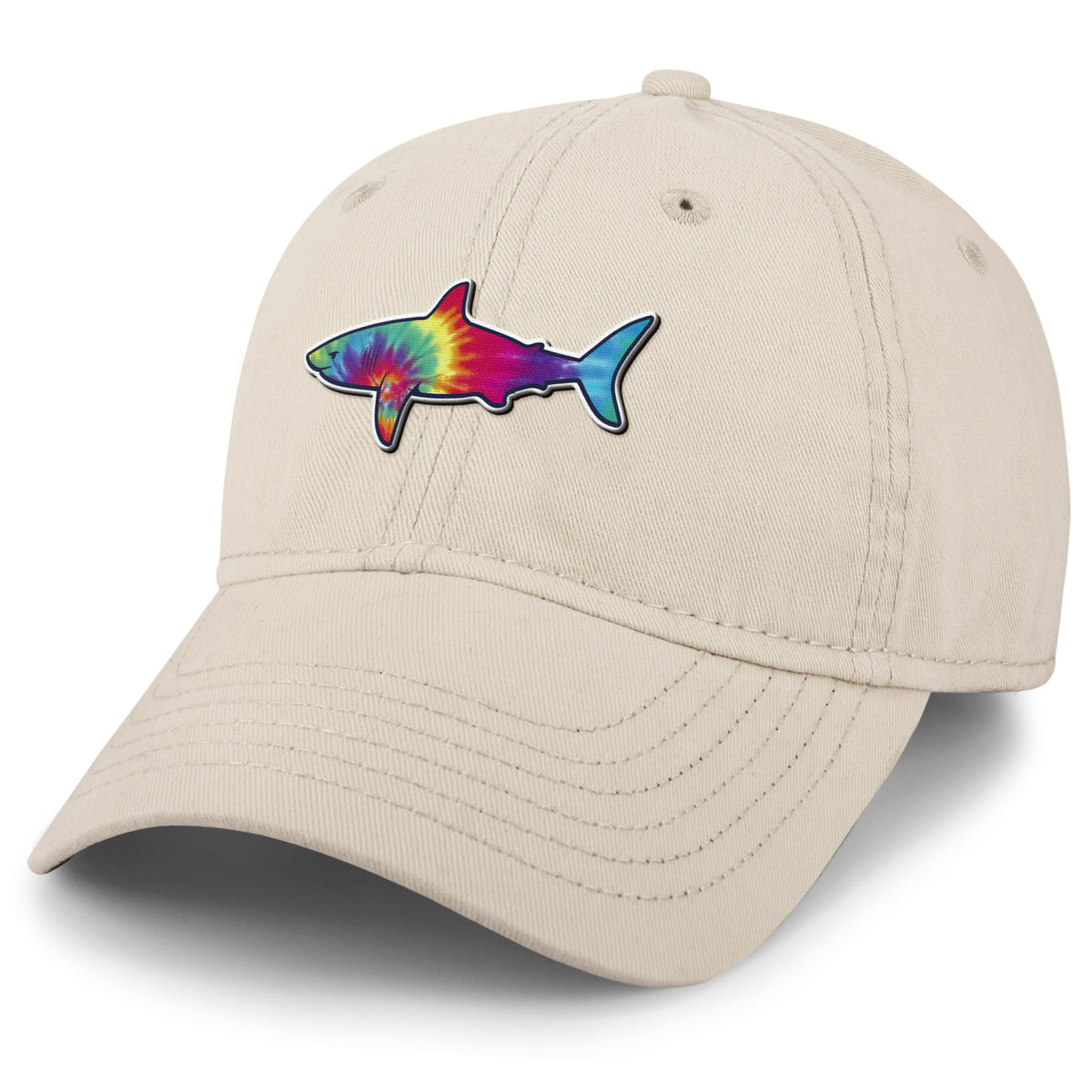 Tie Dye Shark dad hat in stone — swirled shark face on soft 6-panel cap