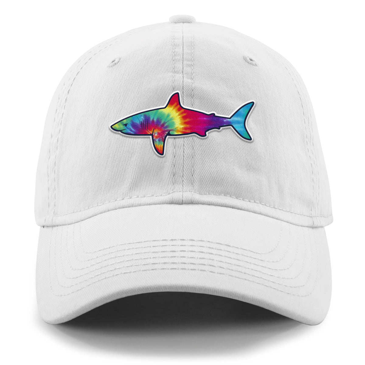 Front of white Tie Dye Shark dad hat with swirled shark face graphic