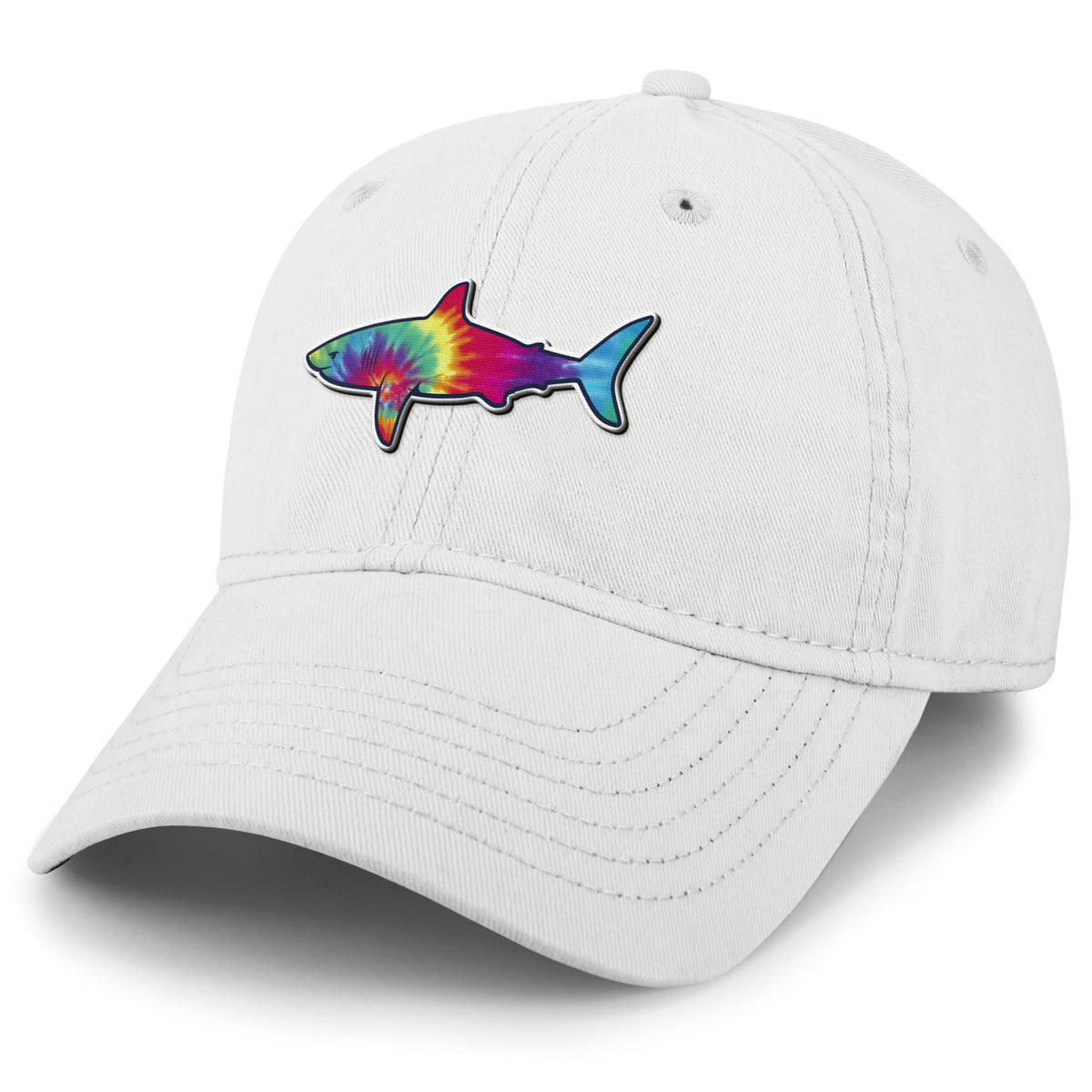 Tie Dye Shark dad hat in white — swirled shark face on soft 6-panel cap