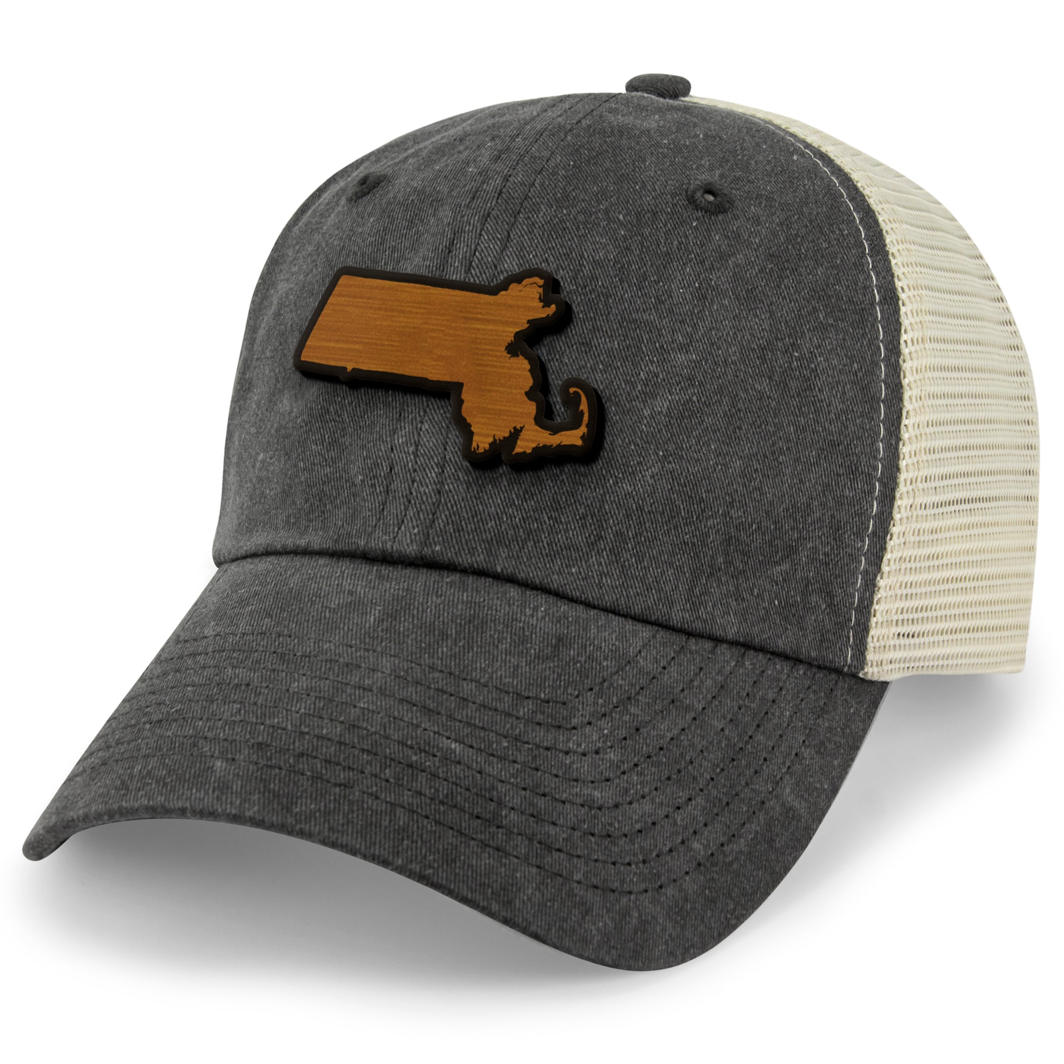 Massachusetts State Wood Grain Patch Relaxed Trucker Hat