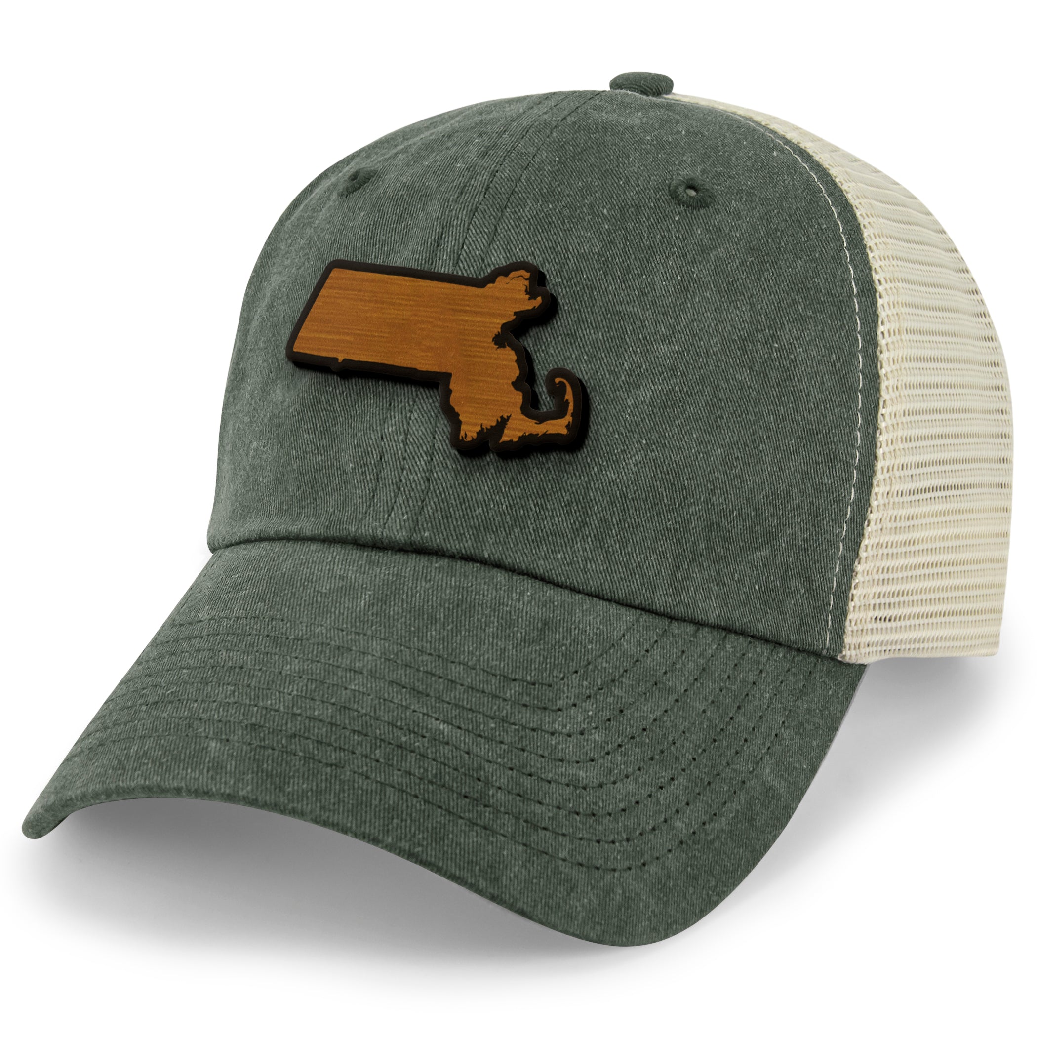 Massachusetts State Wood Grain Patch Relaxed Trucker Hat