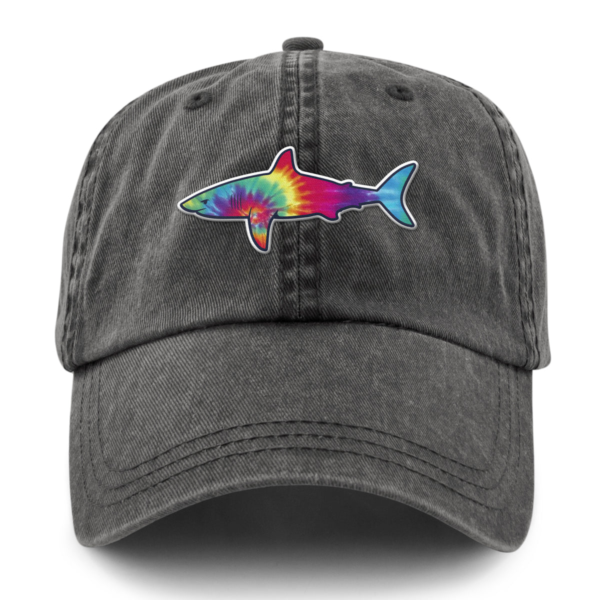 Front of washed charcoal Tie Dye Shark dad hat with swirled shark face graphic