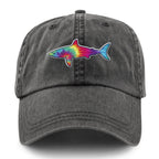 Front of washed charcoal Tie Dye Shark dad hat with swirled shark face graphic